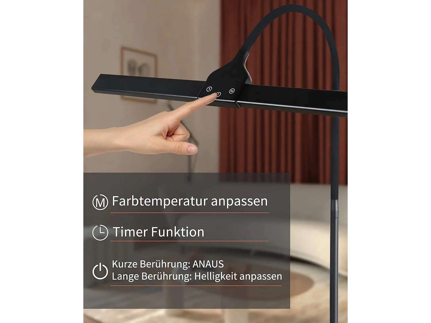 NETTLIFE Vloerlamp LED Zwart 156cm Touch Dimbaar  Staande Lampen met 360 ° Zwanenhals 10W Leeslamp 40min Timer en Geheugenfunctie voor Slaapkamer Woonkamer Studie