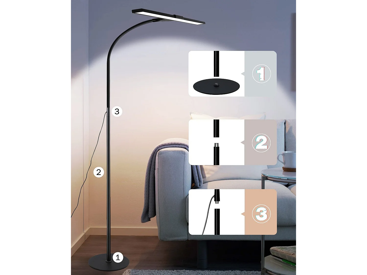 NETTLIFE Vloerlamp LED Zwart 156cm Touch Dimbaar  Staande Lampen met 360 ° Zwanenhals 10W Leeslamp 40min Timer en Geheugenfunctie voor Slaapkamer Woonkamer Studie
