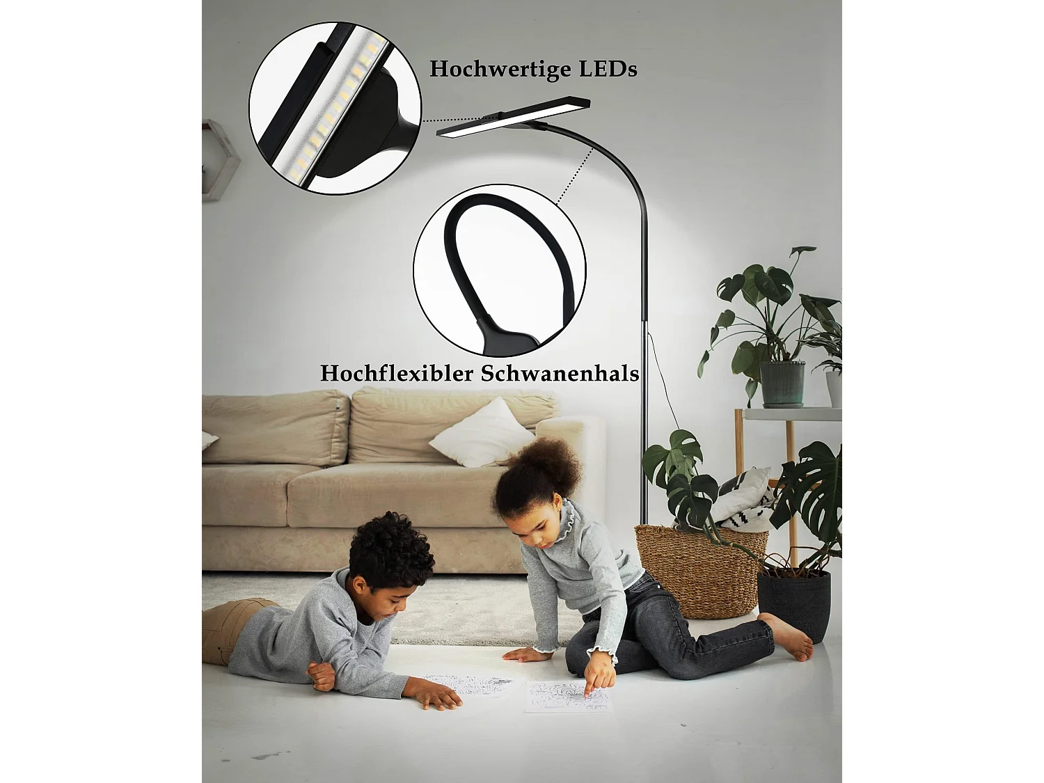 NETTLIFE Lampadaire LED Salon Dimmable Noir de lecture - Moderne Salon 10W Touch Lampe de bureau avec minuterie Lampe de lit Col de cygne réglable