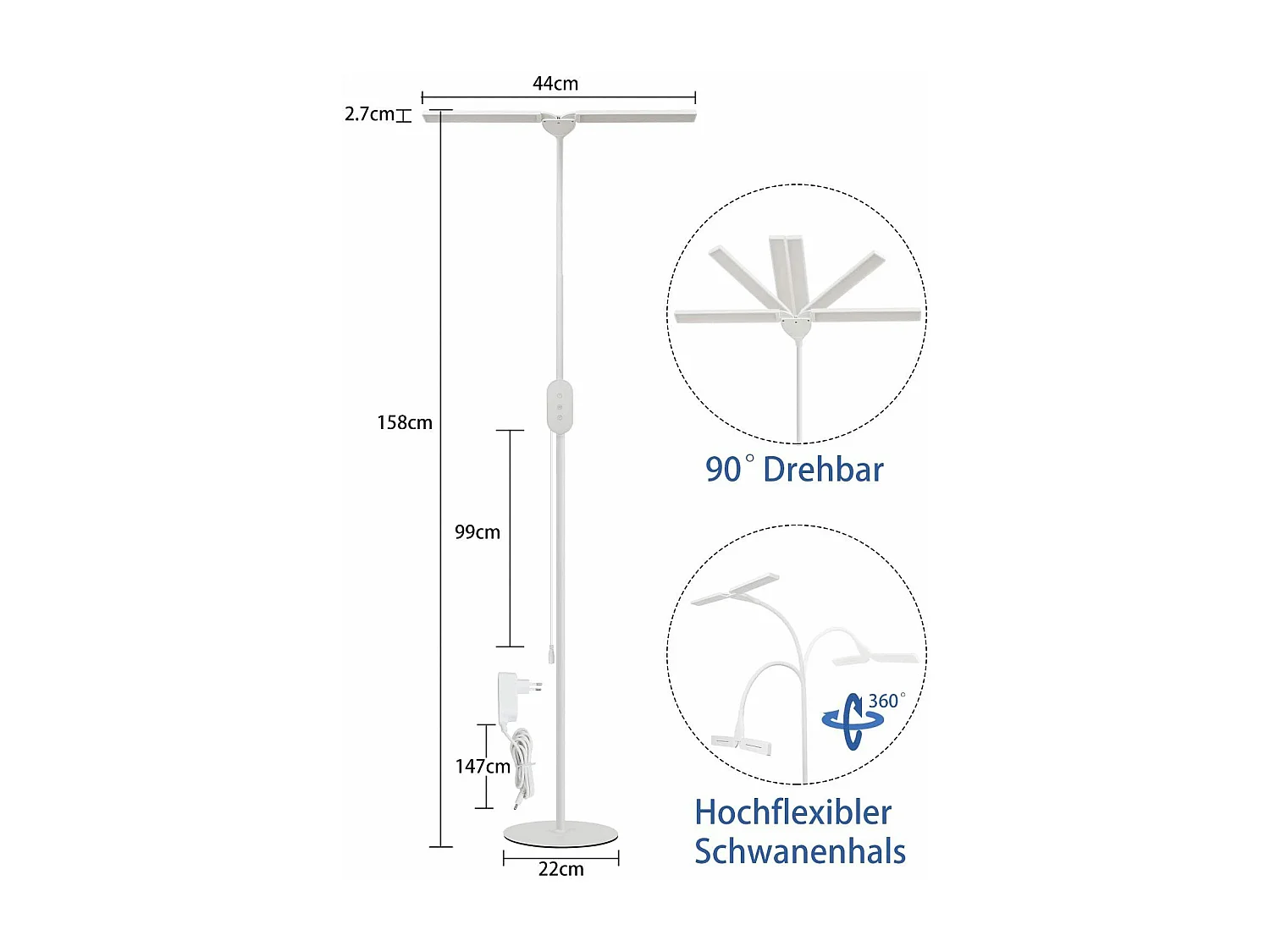 NETTLIFE Lampadaire LED Salon  dimmable- 158CM Moderne réglables Lampadaire tactile 9W avec minuterie & fonction mémoire