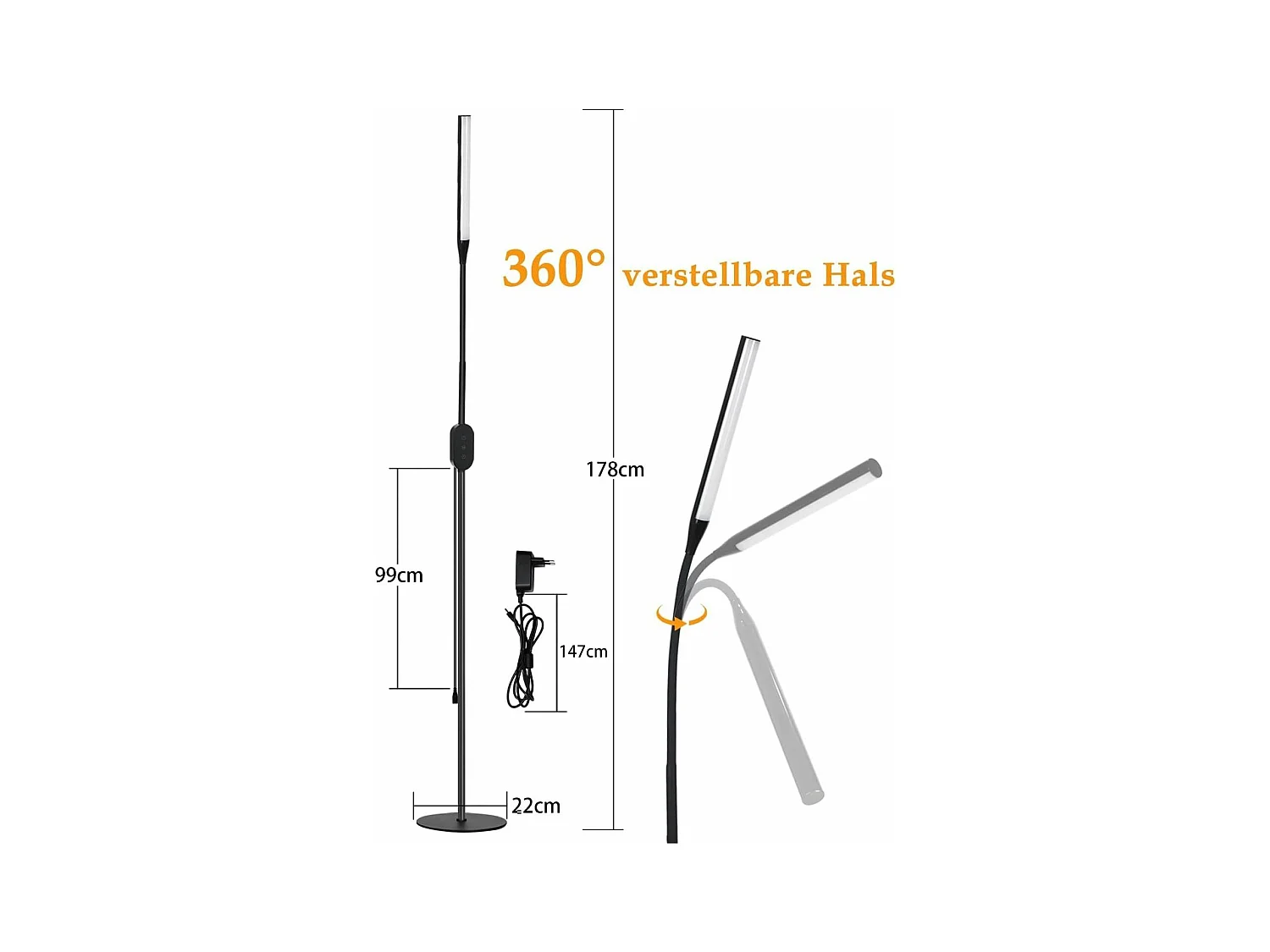 NETTLIFE LED Vloerlamp - zwart - modern - touch dimbaar - 9W - 178CM leeslamp - timer en geheugenfunctie - voor woonkamer slaapkamer kantoor