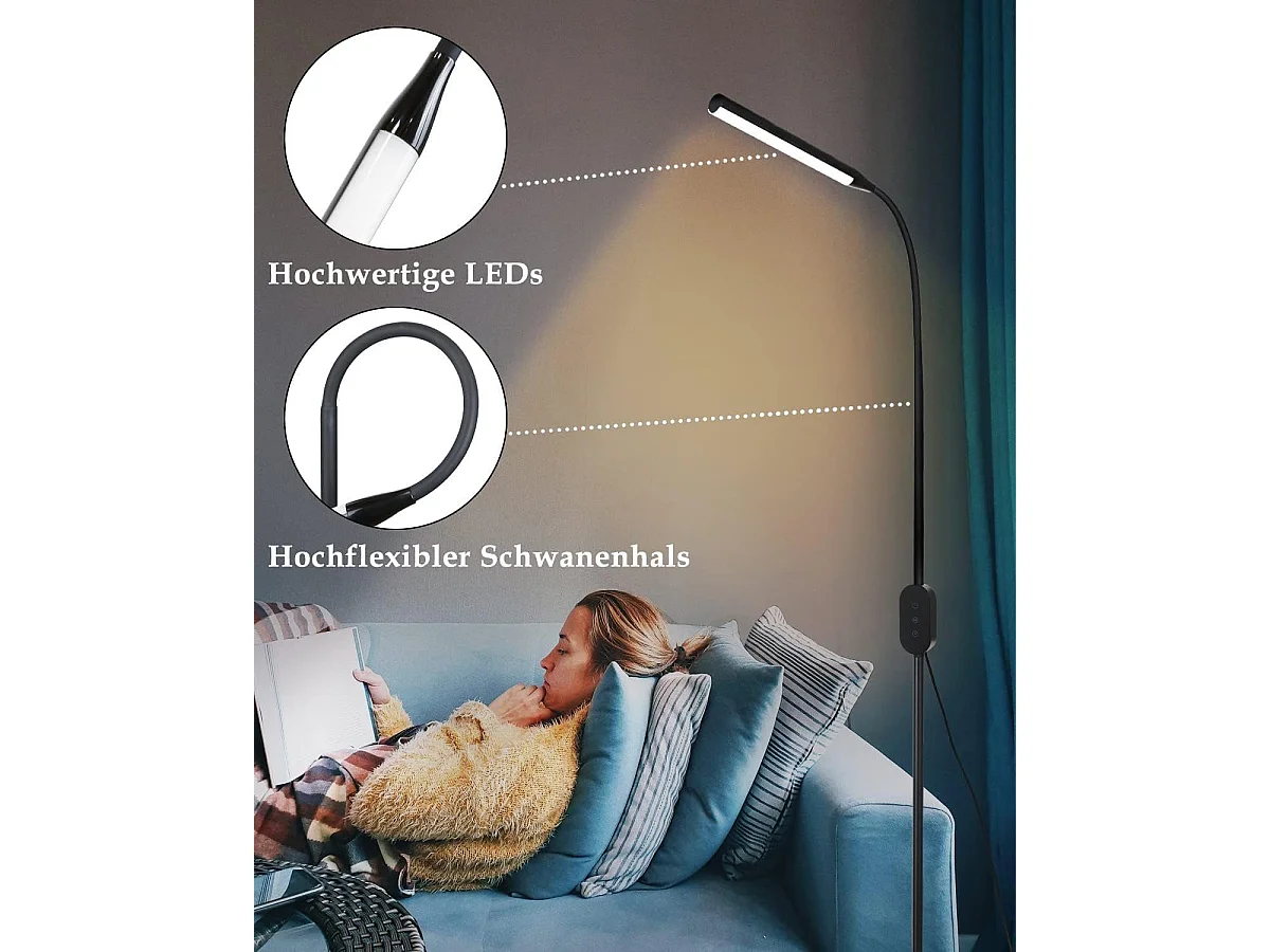 NETTLIFE Lampadaire LED dimmable Noir - 178CM Moderne Lampe sur pied Touch Control Design Salon avec minuterie et fonction mémoire Lampe de lit