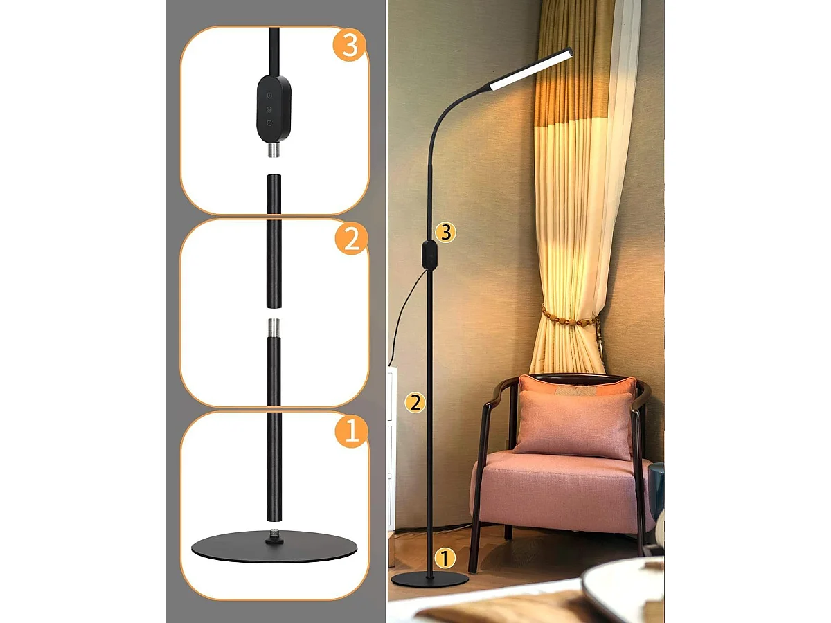 NETTLIFE Lampadaire LED dimmable Noir - 178CM Moderne Lampe sur pied Touch Control Design Salon avec minuterie et fonction mémoire Lampe de lit