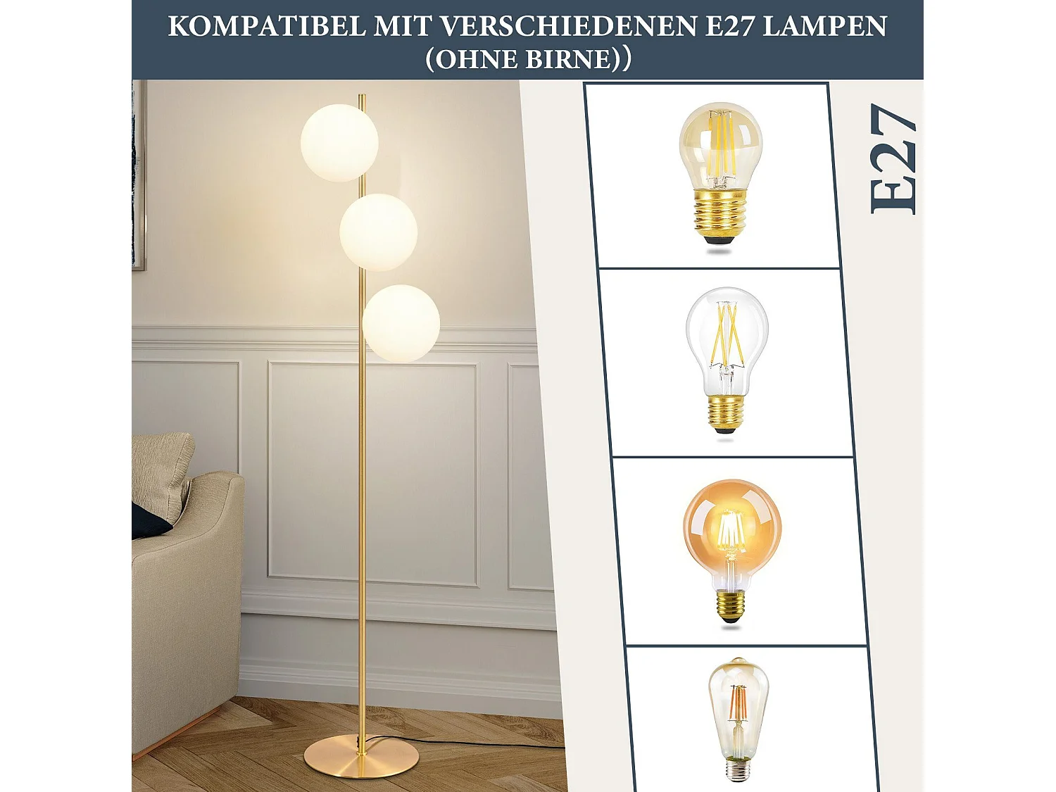 NETTLIFE Lampadaire  Moderne - Lampadaire Salon E27 Or Design Lampe à 3 Flammes avec Interrupteur à Pied Métal Blanc Verre Industriel Lampe de Sol