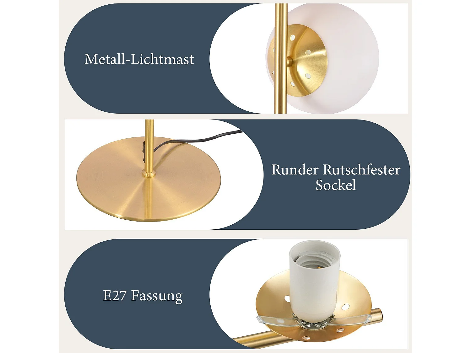 NETTLIFE Lampadaire  Moderne - Lampadaire Salon E27 Or Design Lampe à 3 Flammes avec Interrupteur à Pied Métal Blanc Verre Industriel Lampe de Sol