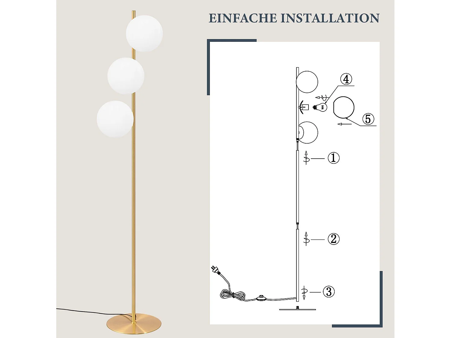 NETTLIFE Lampadaire  Moderne - Lampadaire Salon E27 Or Design Lampe à 3 Flammes avec Interrupteur à Pied Métal Blanc Verre Industriel Lampe de Sol