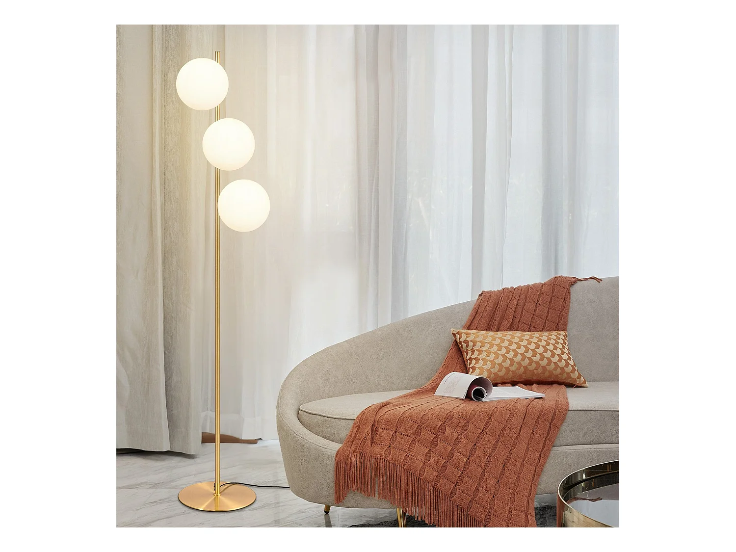 NETTLIFE Lampadaire  Moderne - Lampadaire Salon E27 Or Design Lampe à 3 Flammes avec Interrupteur à Pied Métal Blanc Verre Industriel Lampe de Sol