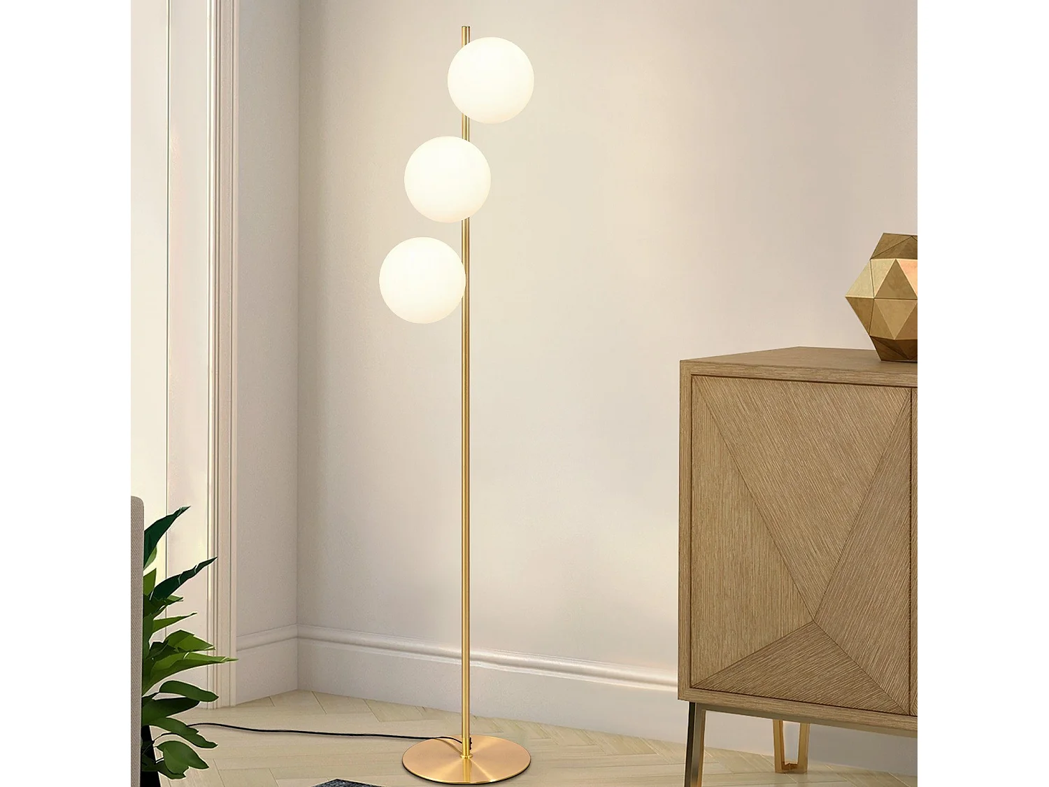 NETTLIFE Modernes Leuchtenmasten - E27 - Salonleuchte mit Or - Design, dreiflammen Lampe mit Fußschalter, weißen Metall und Industrieglas, Stehleuchte.