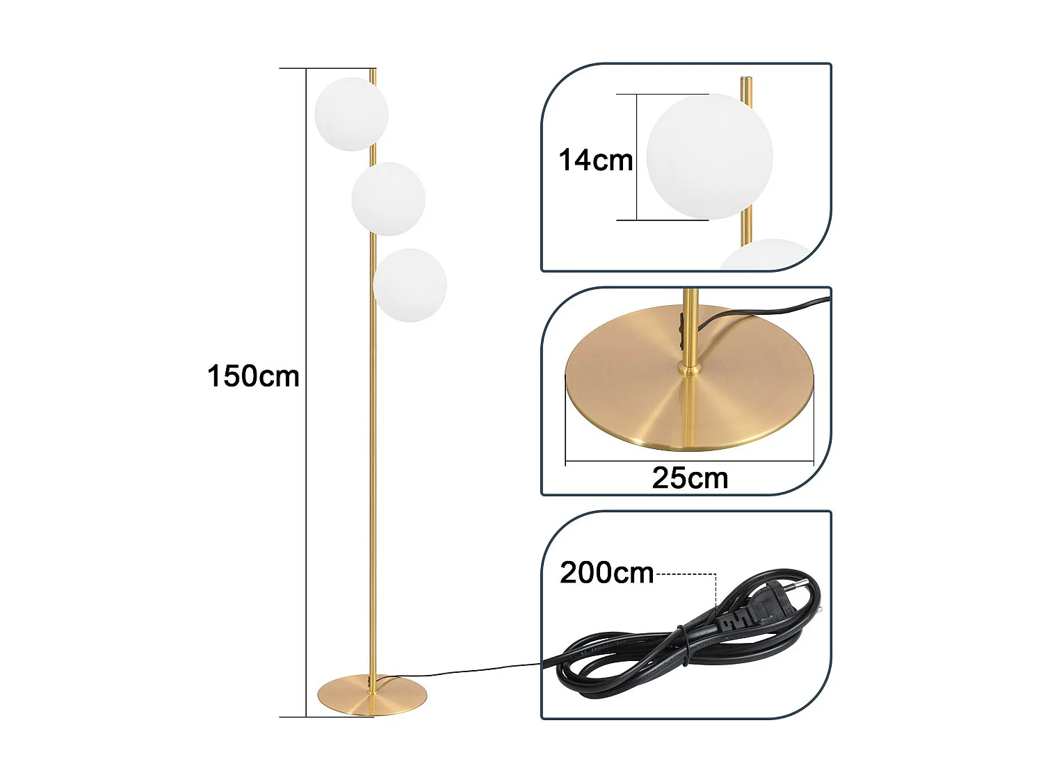 NETTLIFE Modernes Leuchtenmasten - E27 - Salonleuchte mit Or - Design, dreiflammen Lampe mit Fußschalter, weißen Metall und Industrieglas, Stehleuchte.