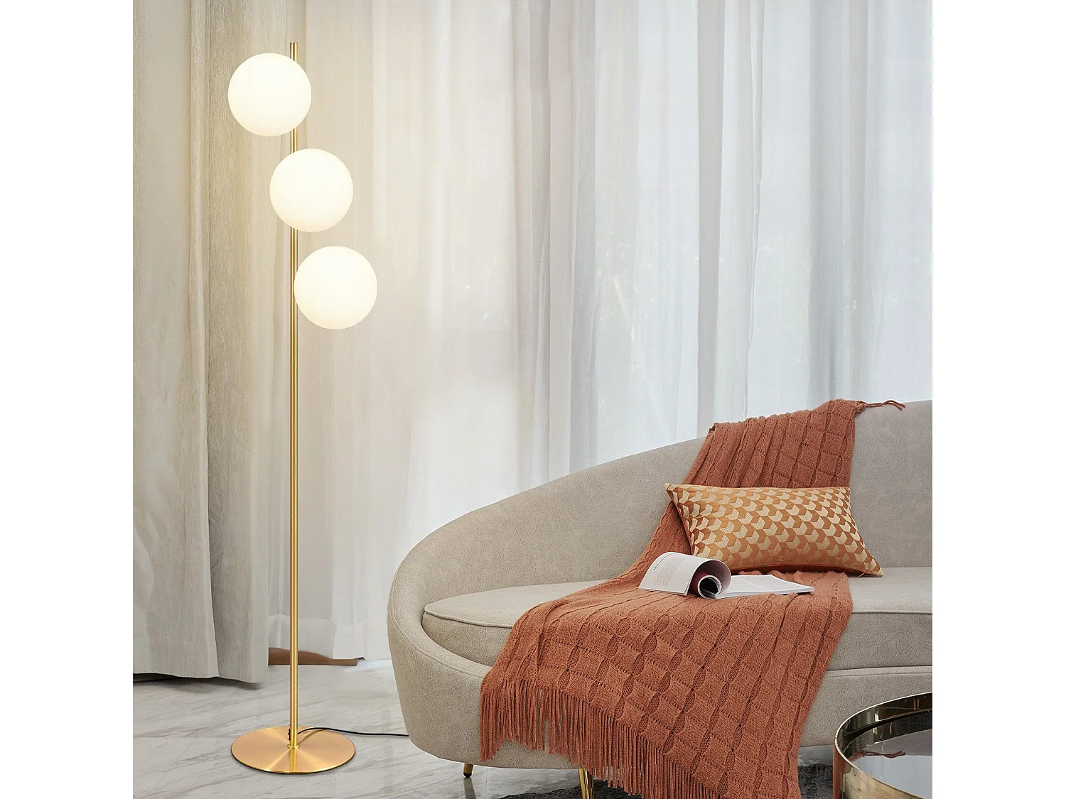 NETTLIFE Lampadaire  Moderne - Lampadaire Salon E27 Or Design Lampe à 3 Flammes avec Interrupteur à Pied Métal Blanc Verre Industriel Lampe de Sol