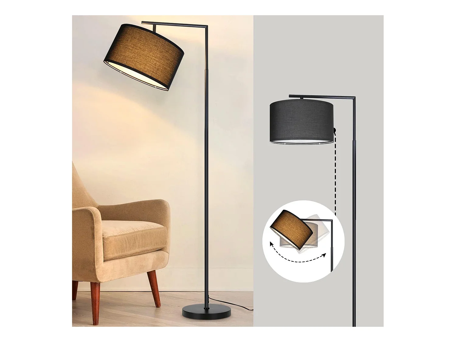 NETTLIFE Lámpara de pie de salón negra: tela de diseño moderno Casquillo E27 máx. 40W con interruptor de pie Lámpara de cama de 166 cm sin bombilla.