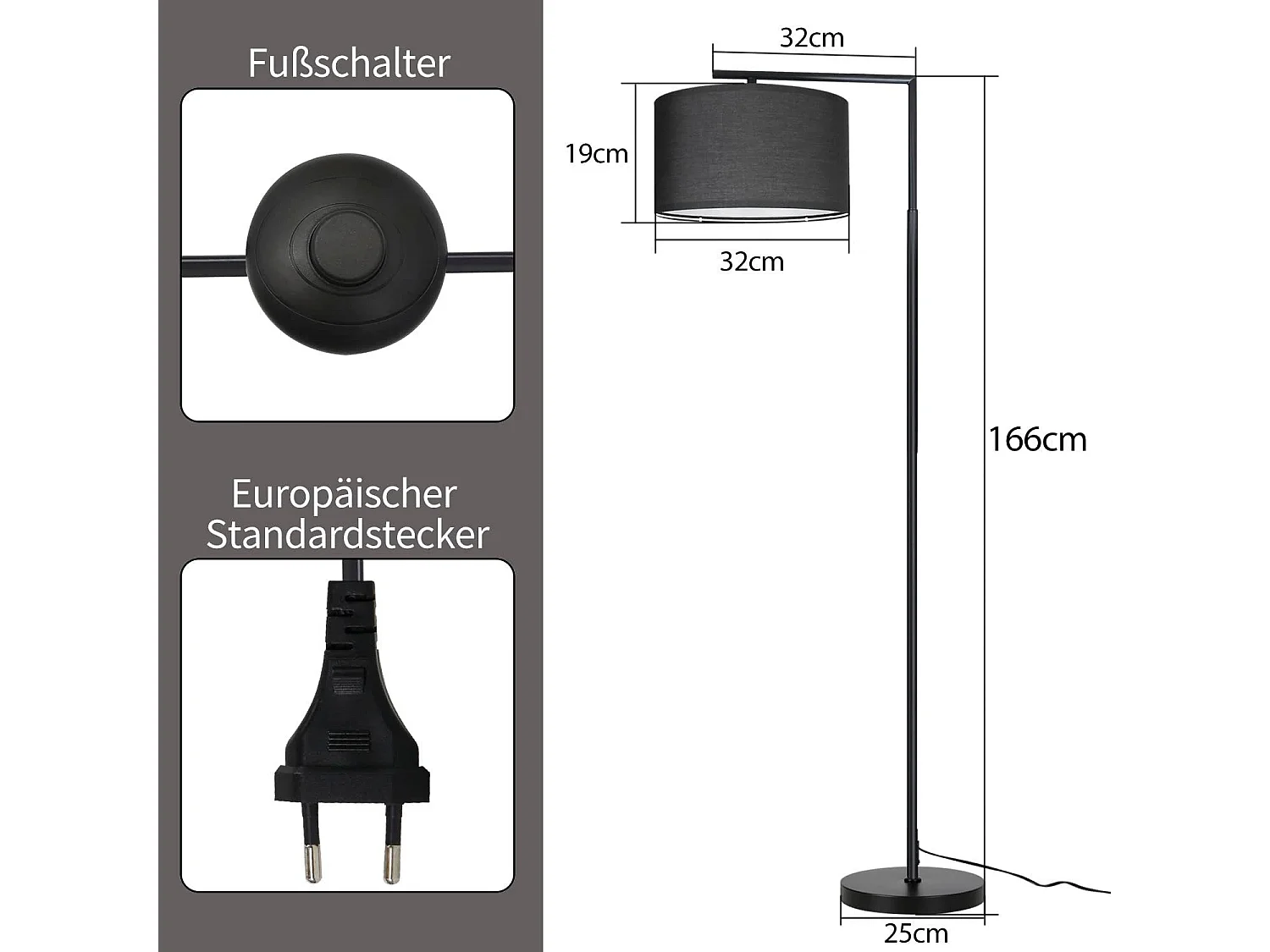 NETTLIFE Salonlamp zwart: modern ontwerp stof, houder E27, maximaal 40W, met schakelaar aan de voet, bedlamp 166 cm zonder gloeilamp.