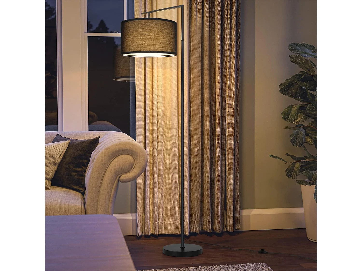 NETTLIFE Lampadaire salon noir : tissu design moderne douille E27 max 40W avec interrupteur au pied lampe de lit 166cm sans ampoule.