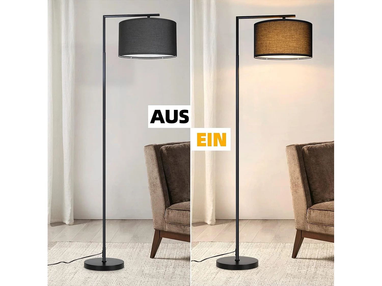 NETTLIFE Lampadaire salon noir : tissu design moderne douille E27 max 40W avec interrupteur au pied lampe de lit 166cm sans ampoule.