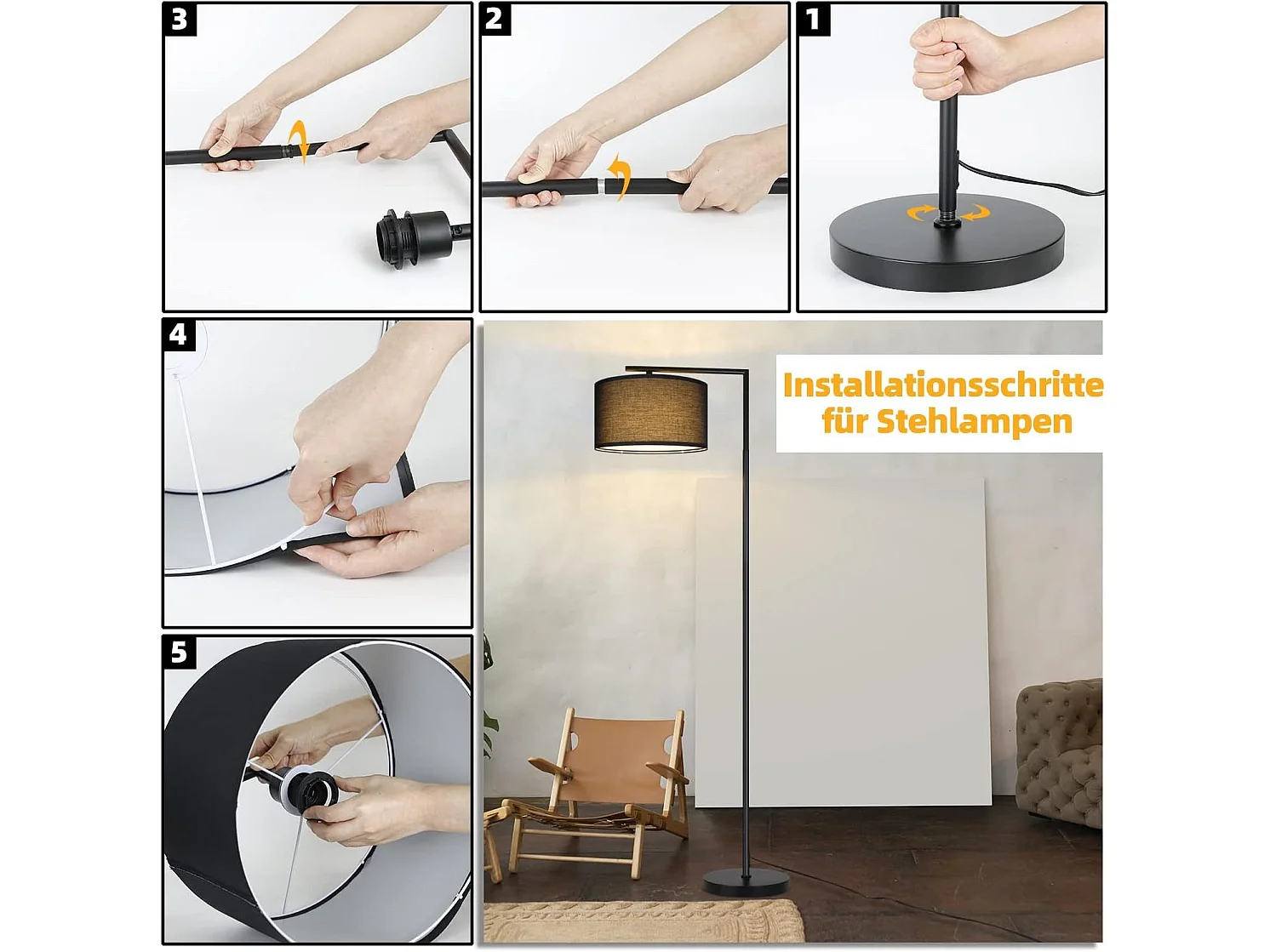 NETTLIFE Lampadaire salon noir : tissu design moderne douille E27 max 40W avec interrupteur au pied lampe de lit 166cm sans ampoule.