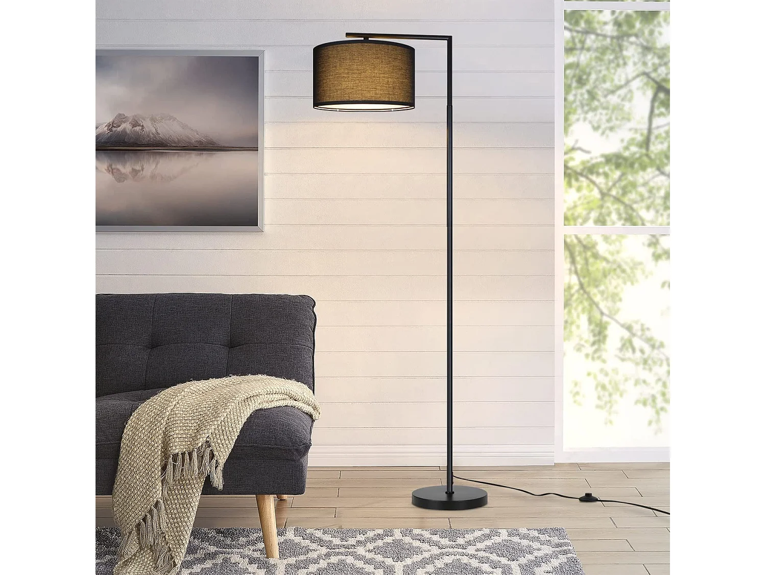 NETTLIFE Lampadaire salon noir : tissu design moderne douille E27 max 40W avec interrupteur au pied lampe de lit 166cm sans ampoule.