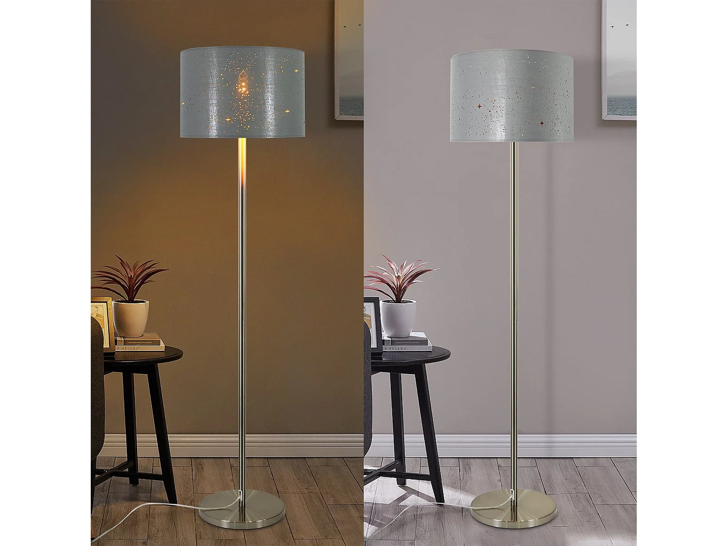 NETTLIFE Nowoczesna lampa podłogowa do salonu - Lampa podłogowa z kloszem w kształcie gwiazdy w kolorze złoto-szarym, 144 cm, z włącznikiem nożnym E27 i gniazdem