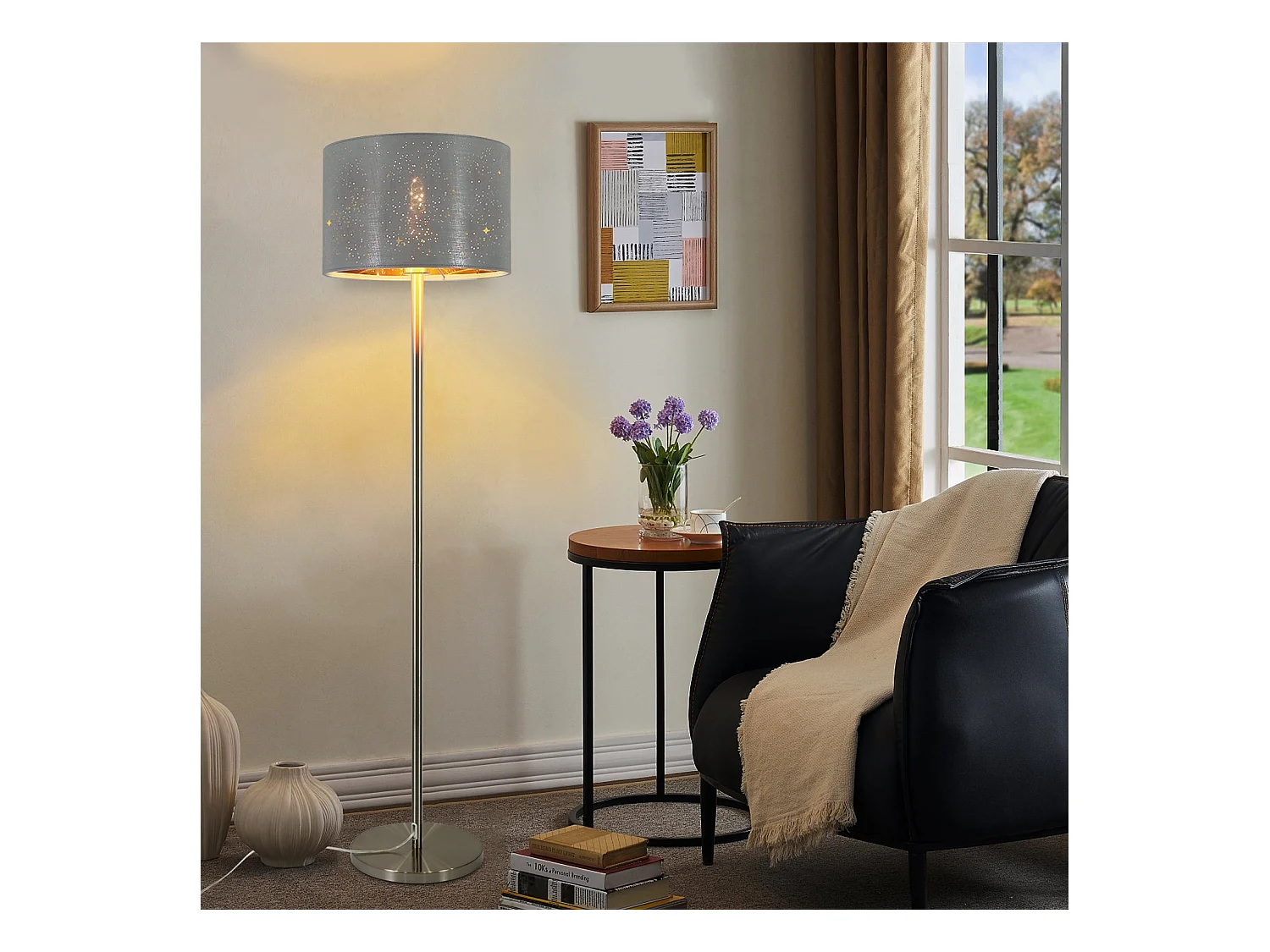 NETTLIFE Lampadaire Salon moderne - Lampe sur pied avec abat-jour en tissu gris or design étoile 144cm avec interrupteur à pied E27 et prise