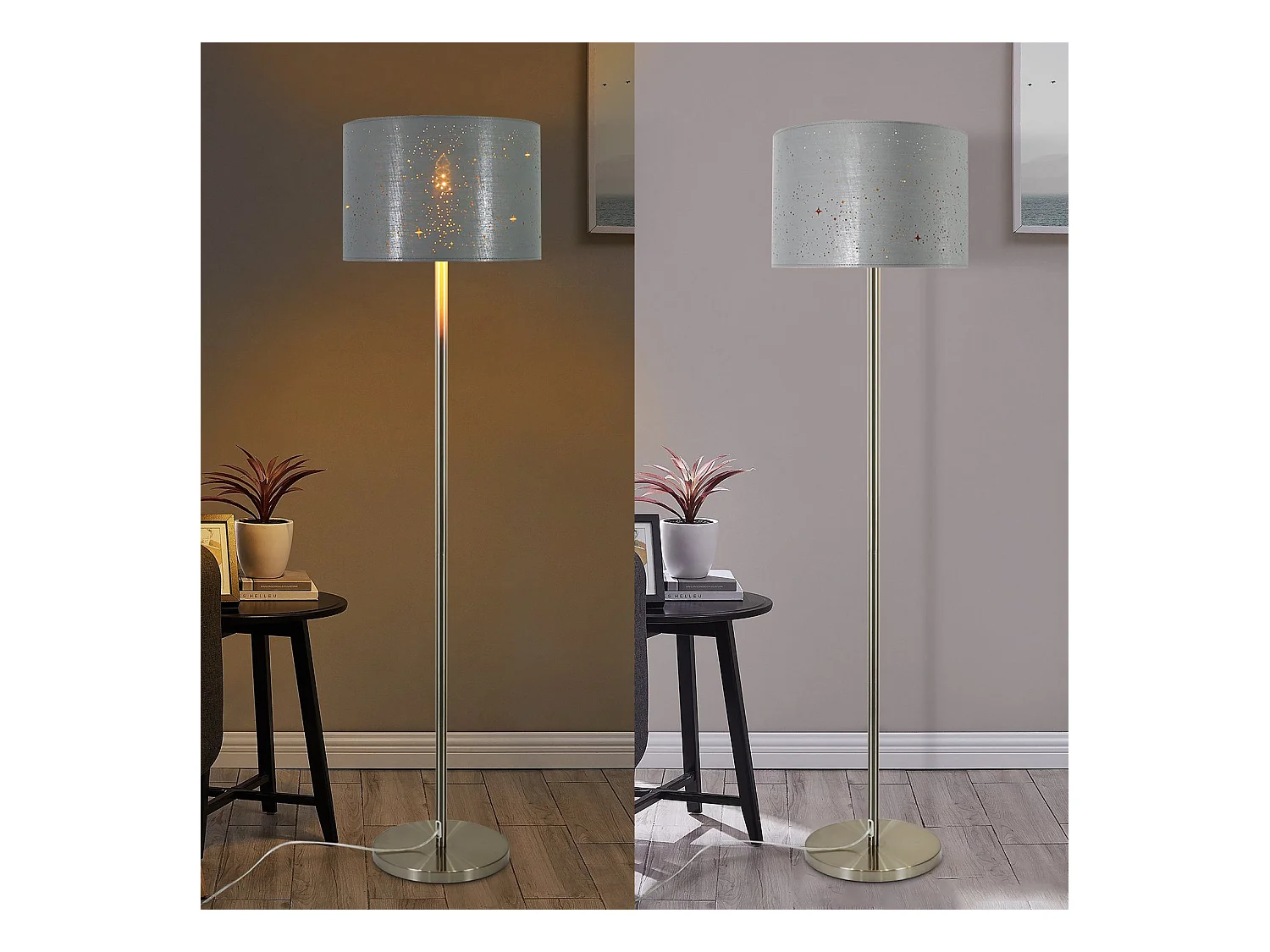 NETTLIFE Lámpara de Pie  Moderna - Lámpara de Pie con Diseño de Estrella Pantalla de Tela Gris Dorado 144cm con Interruptor de Pie y Enchufe E27