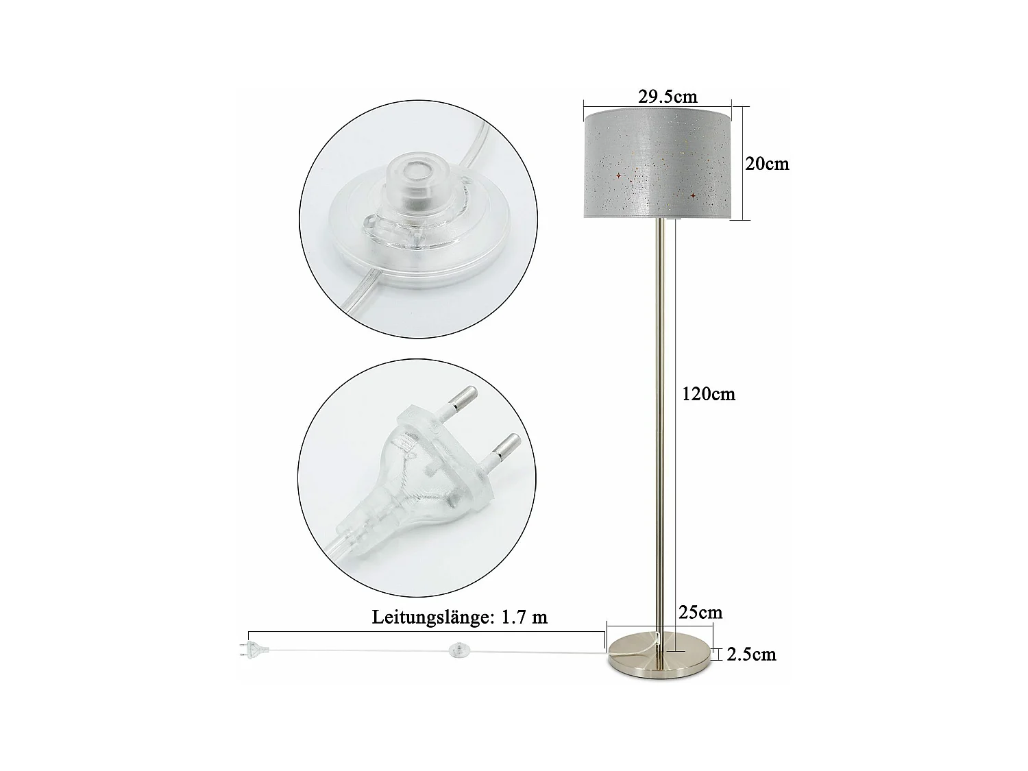 NETTLIFE Lámpara de Pie  Moderna - Lámpara de Pie con Diseño de Estrella Pantalla de Tela Gris Dorado 144cm con Interruptor de Pie y Enchufe E27