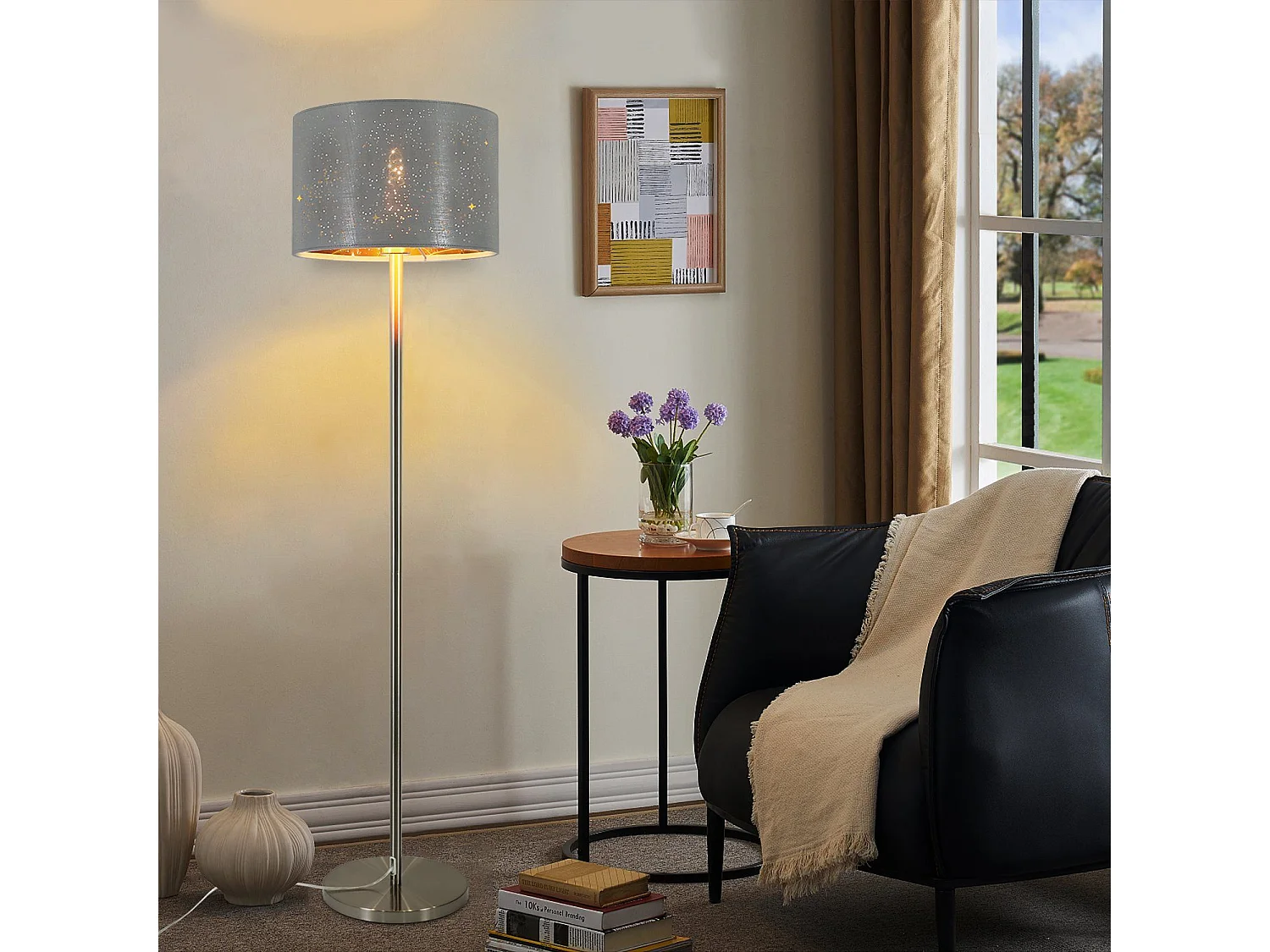 NETTLIFE Lampadaire Salon moderne - Lampe sur pied avec abat-jour en tissu gris or design étoile 144cm avec interrupteur à pied E27 et prise