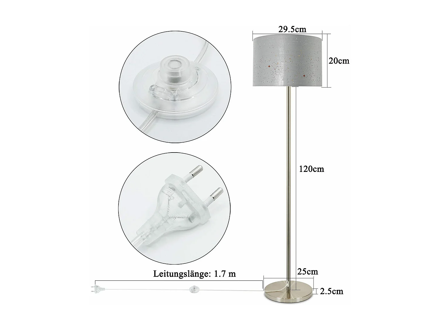 NETTLIFE Lampadaire Salon moderne - Lampe sur pied avec abat-jour en tissu gris or design étoile 144cm avec interrupteur à pied E27 et prise