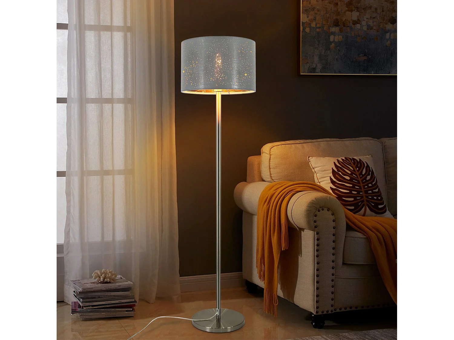 NETTLIFE Lampadaire Salon moderne - Lampe sur pied avec abat-jour en tissu gris or design étoile 144cm avec interrupteur à pied E27 et prise
