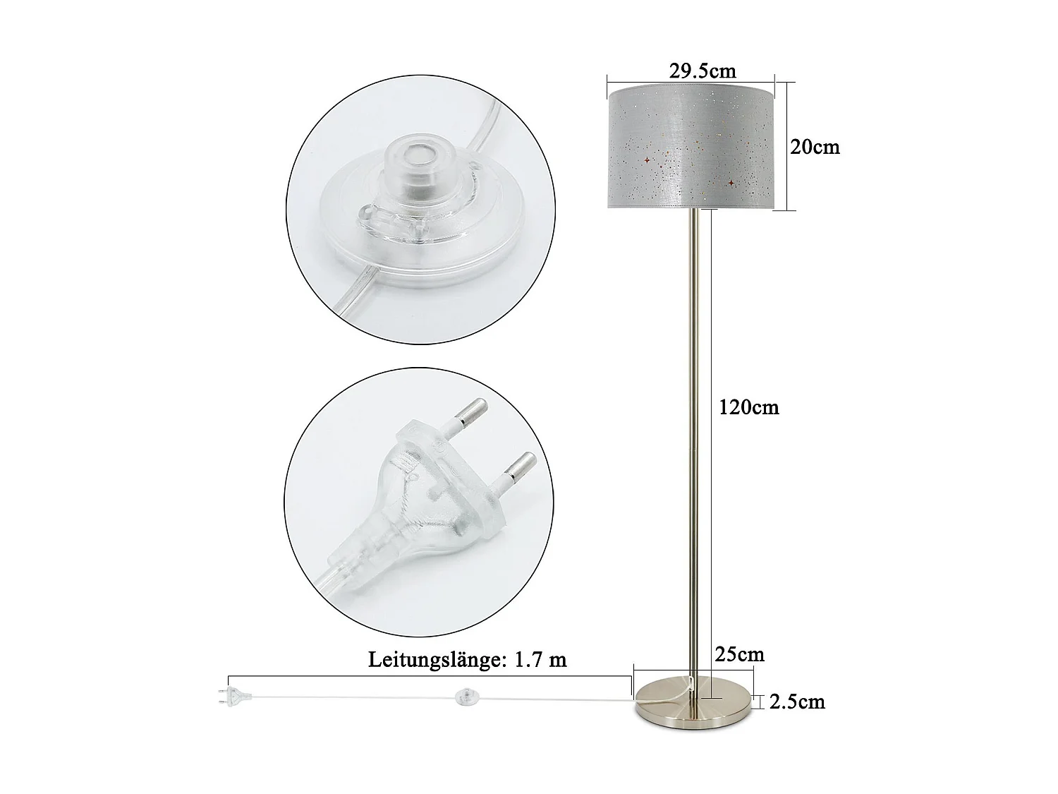 NETTLIFE Lampadaire Salon moderne - Lampe sur pied avec abat-jour en tissu gris or design étoile 144cm avec interrupteur à pied E27 et prise