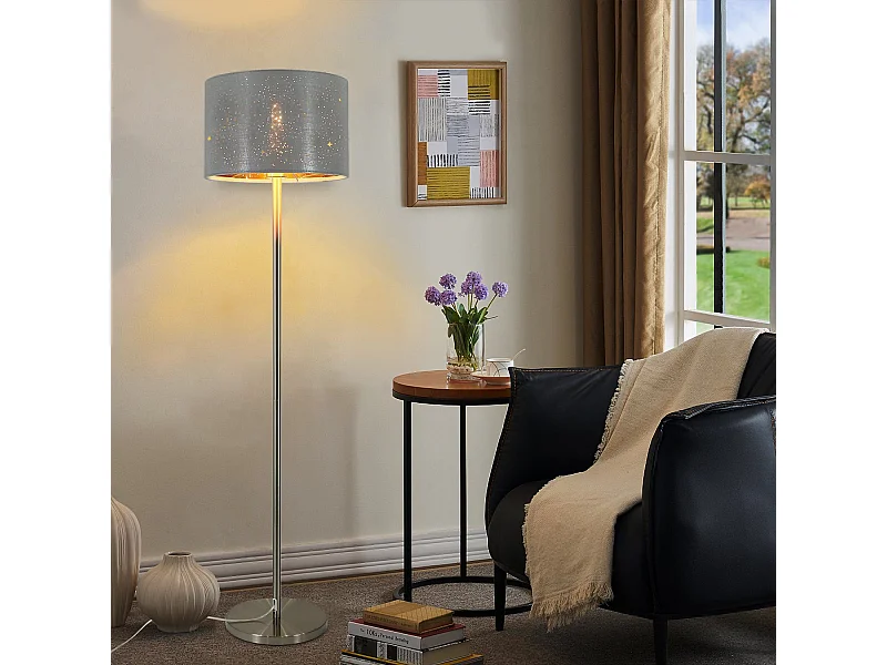 NETTLIFE Lampadaire Salon moderne - Lampe sur pied avec abat-jour en tissu gris or design étoile 144cm avec interrupteur à pied E27 et prise