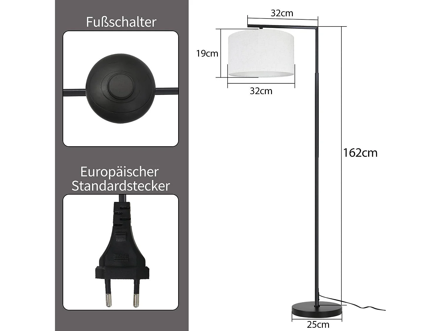 NETTLIFE Lampadaire E27 lampe sur Pied interrupteur pied 166cm abat-jour tissu design max. 40W - sans ampoule