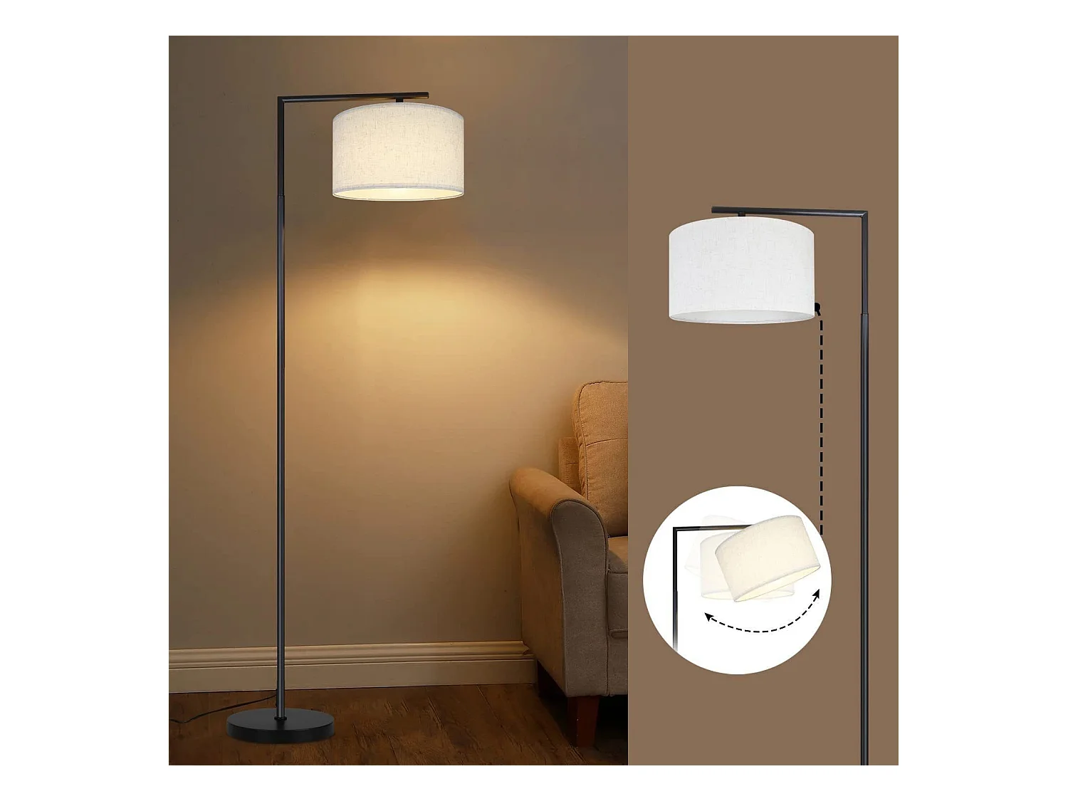 NETTLIFE Lampadaire E27 lampe sur Pied interrupteur pied 166cm abat-jour tissu design max. 40W - sans ampoule