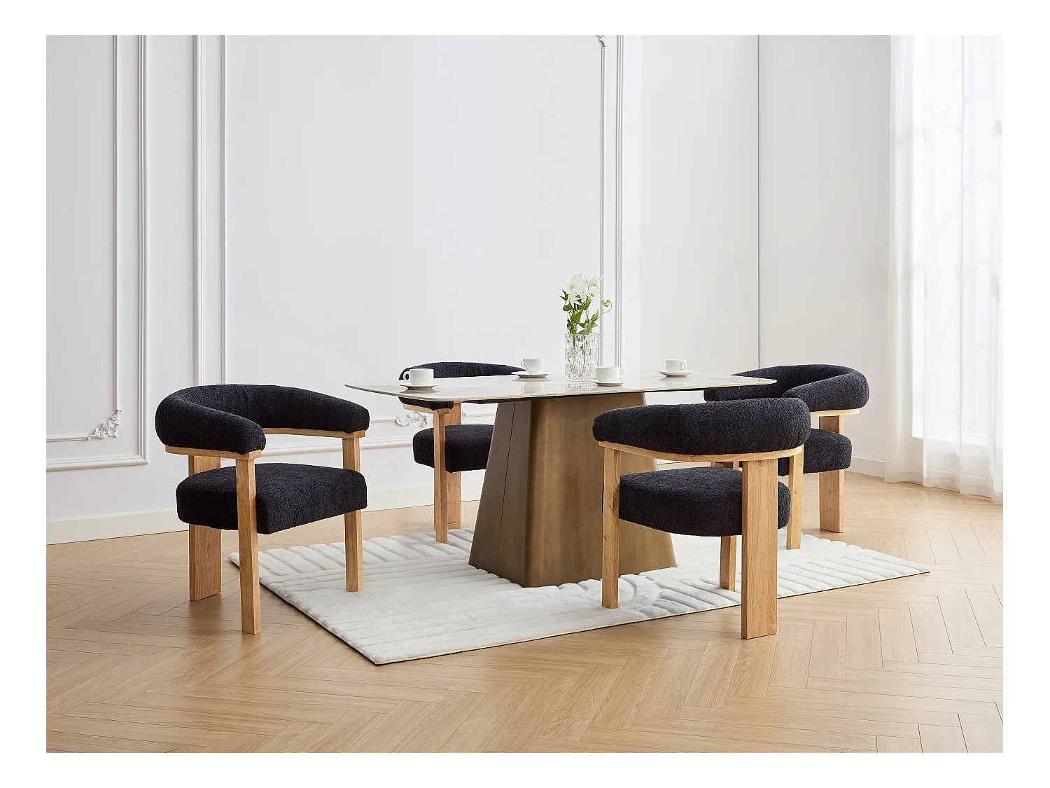 Lot de 2 chaises avec accoudoirs en tissu bouclette et bois d'hévéa naturel - Anthracite foncé - LIVELIA de Pascal MORABITO