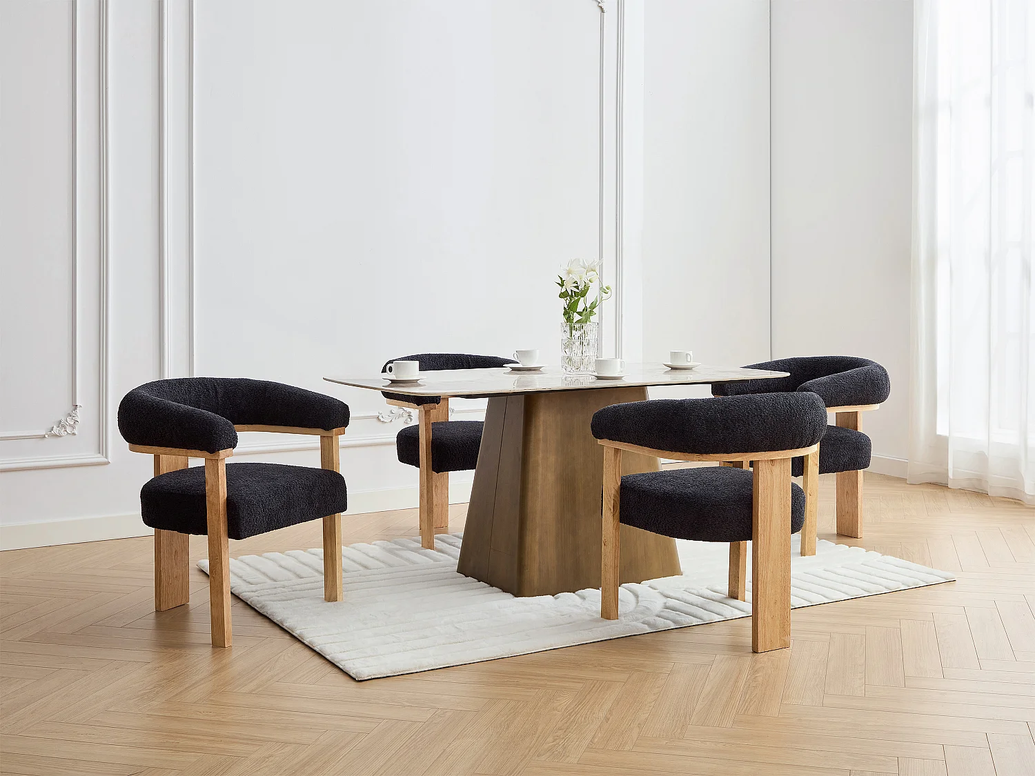 Lot de 6 chaises avec accoudoirs en tissu bouclette et bois d'hévéa naturel - Anthracite foncé - LIVELIA de Pascal MORABITO