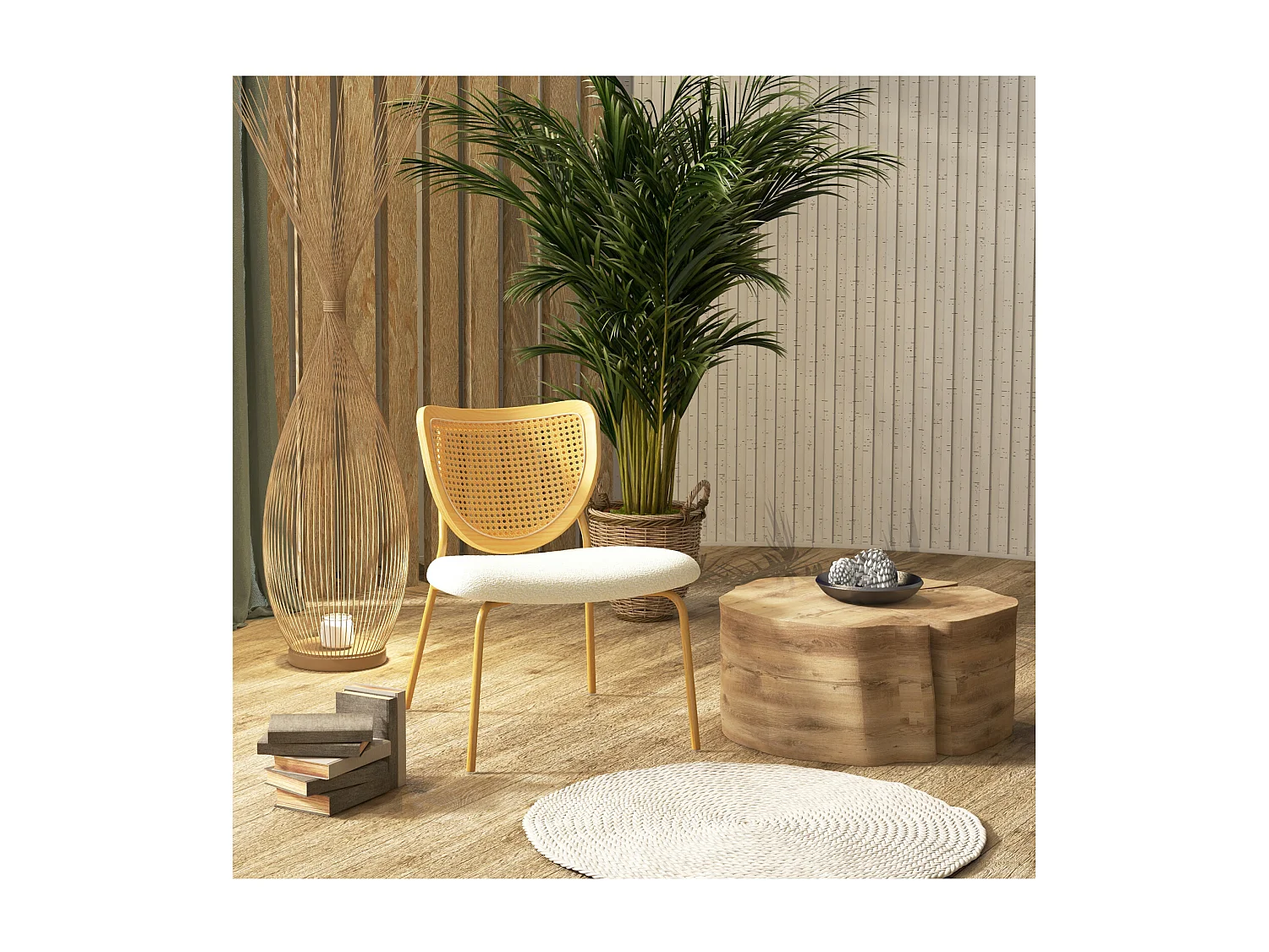 BALI-Poltrona in tessuto ecrù, rattan e metallo