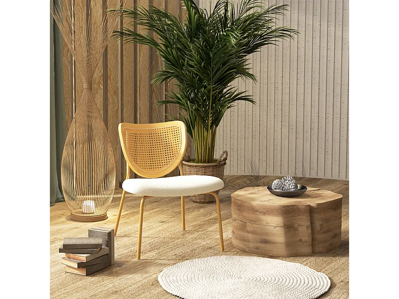 BALI-Fauteuil en tissu bouclé Ecru et rotin naturel