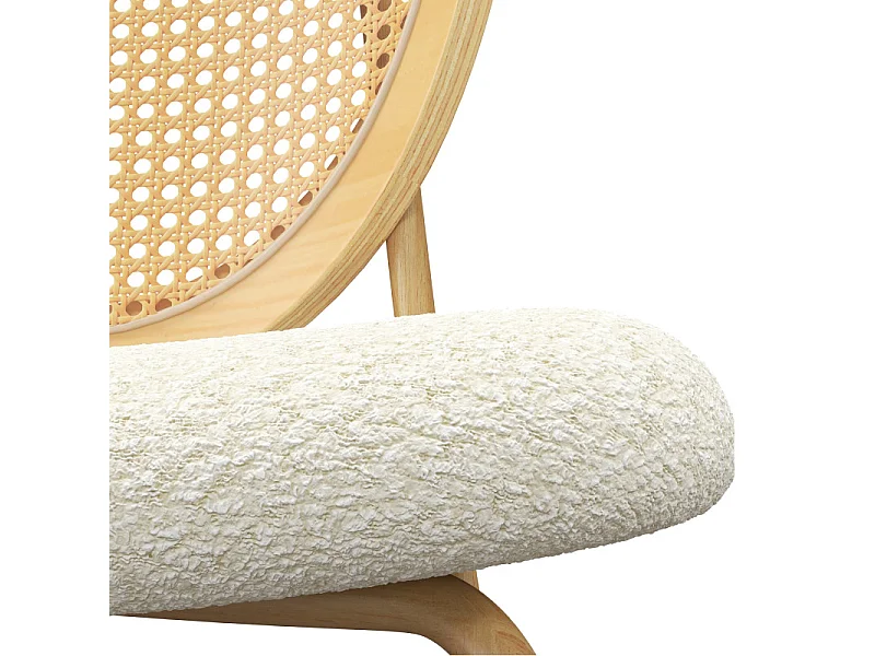 BALI-Fauteuil en tissu bouclé Ecru et rotin naturel