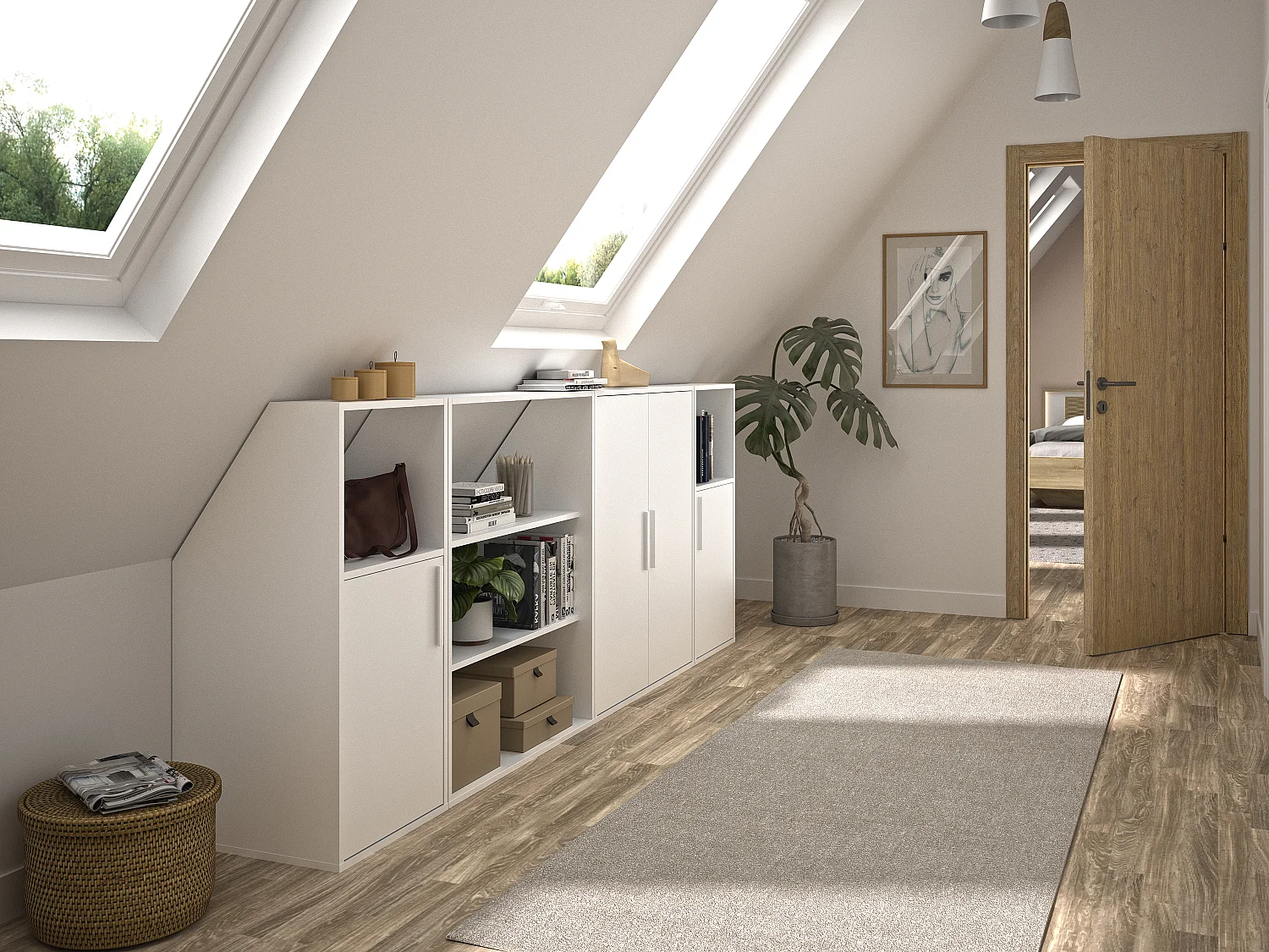 Meuble sous pente 4 portes, 2 étagères et 2 niches - Blanc - ADEZIO