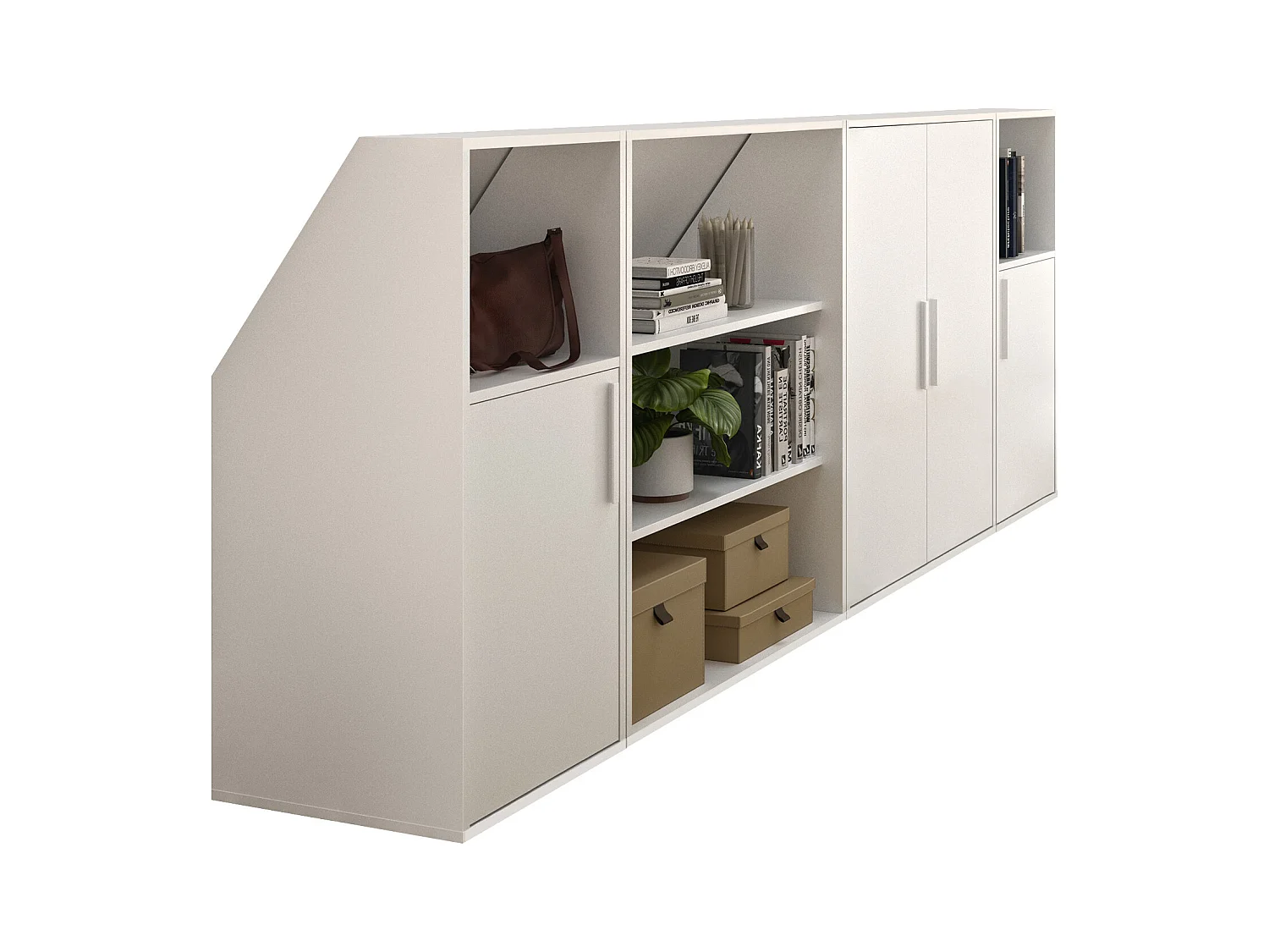 Armario para techo abuhardillado 4 puertas, 2 estantes y 2 estantes - Blanco - ADEZIO