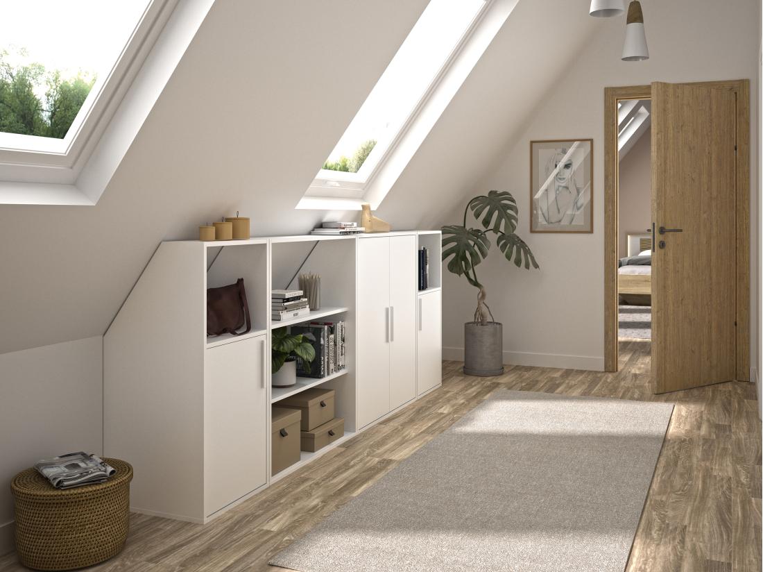 vente unique Meuble sous pente 4 portes 2 étagères et 2 niches - Blanc - ADEZIO