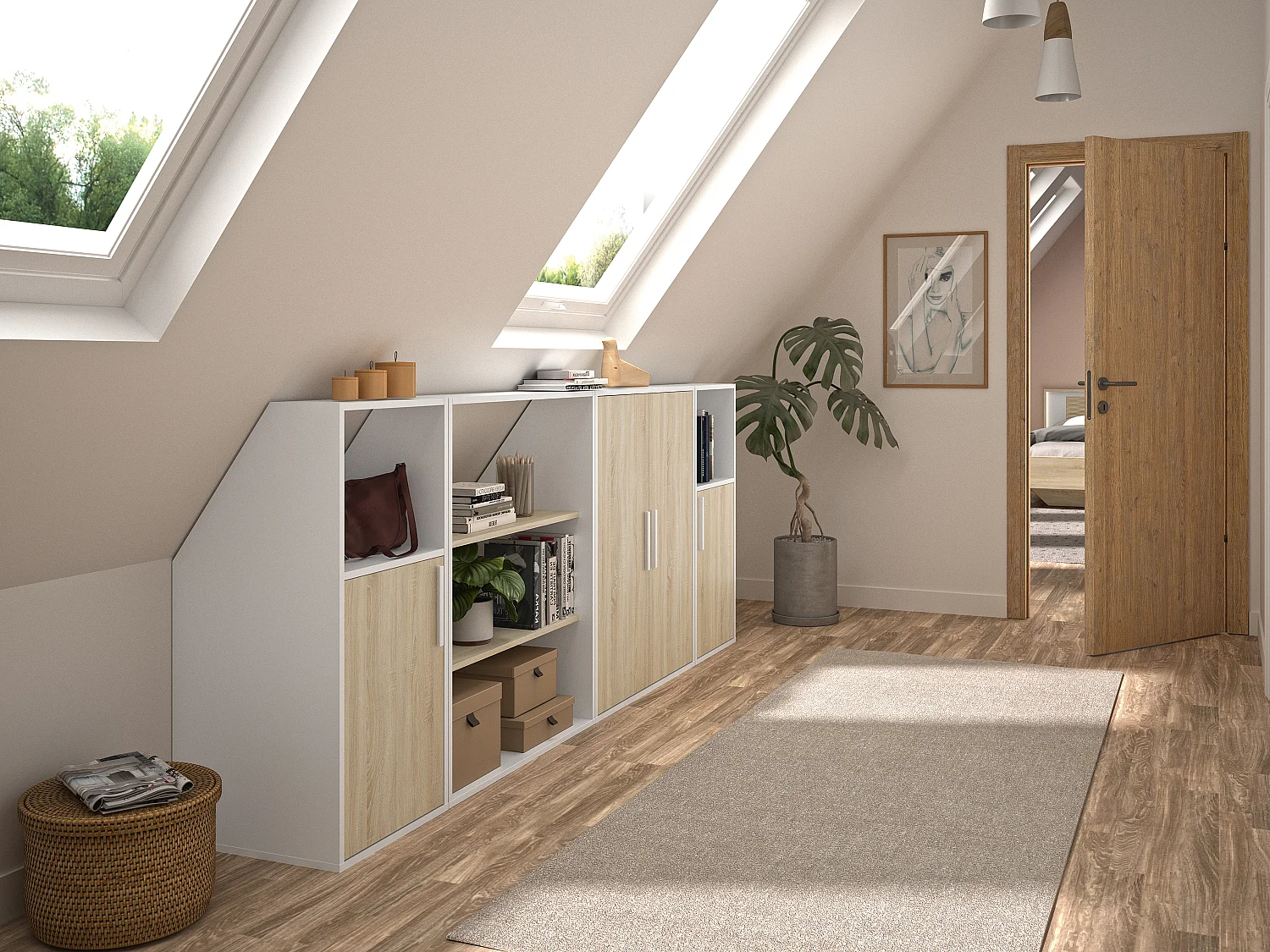 Meuble sous pente 4 portes, 2 étagères et 2 niches - Blanc et naturel - ADEZIO