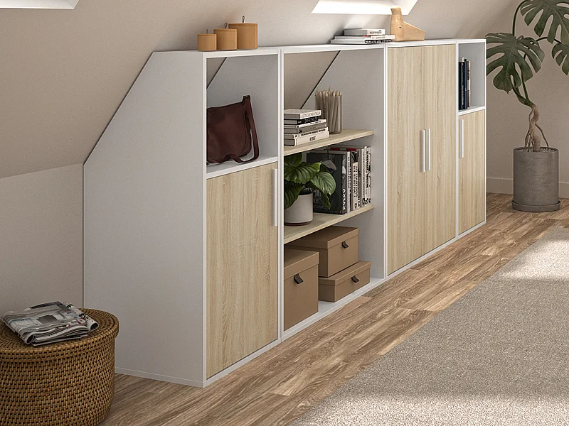 Meuble sous pente 4 portes, 2 étagères et 2 niches - Blanc et naturel - ADEZIO