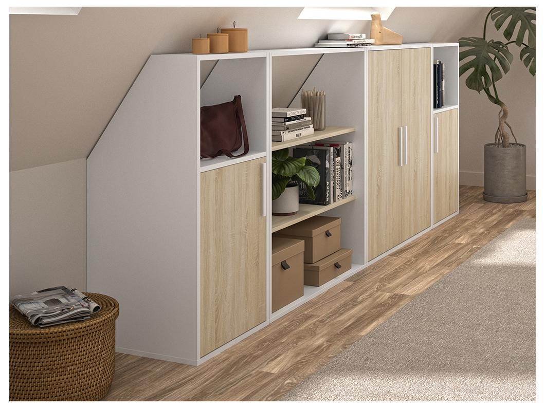 Meuble sous pente 4 portes, 2 étagères et 2 niches - Blanc et naturel - ADEZIO