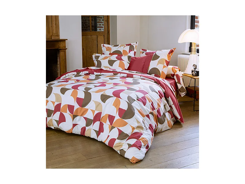 Parure de lit 260x240 cm 65x65 cm percale MODULO acajou 3 pièces