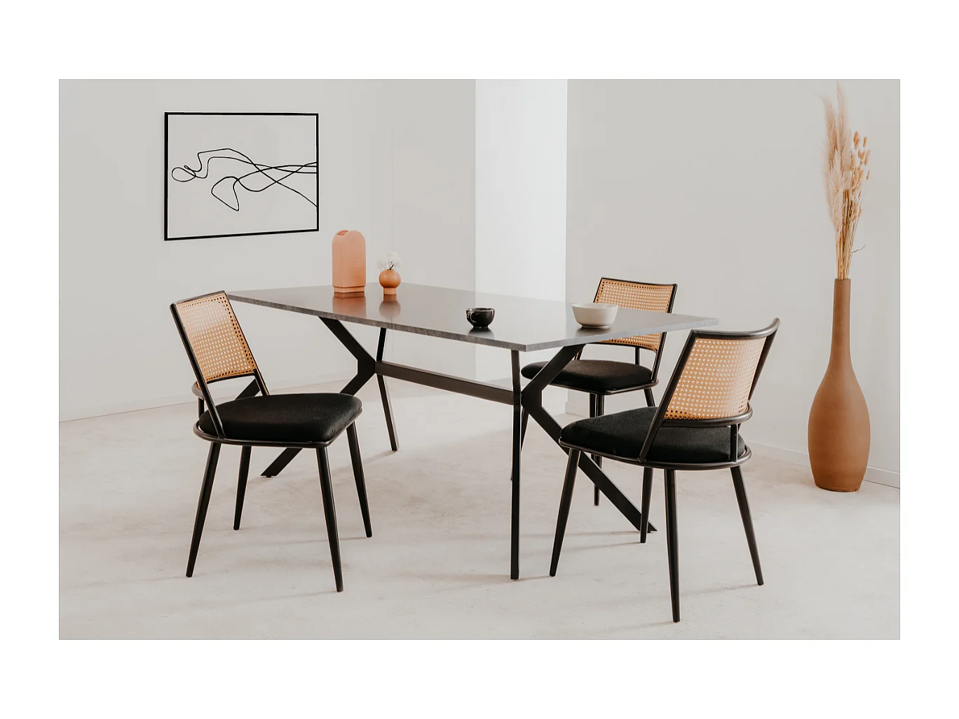 Set van 4 stoelen met natuurlijke vlechtwerk en zwart metalen frame L47 cm - SCHILLER