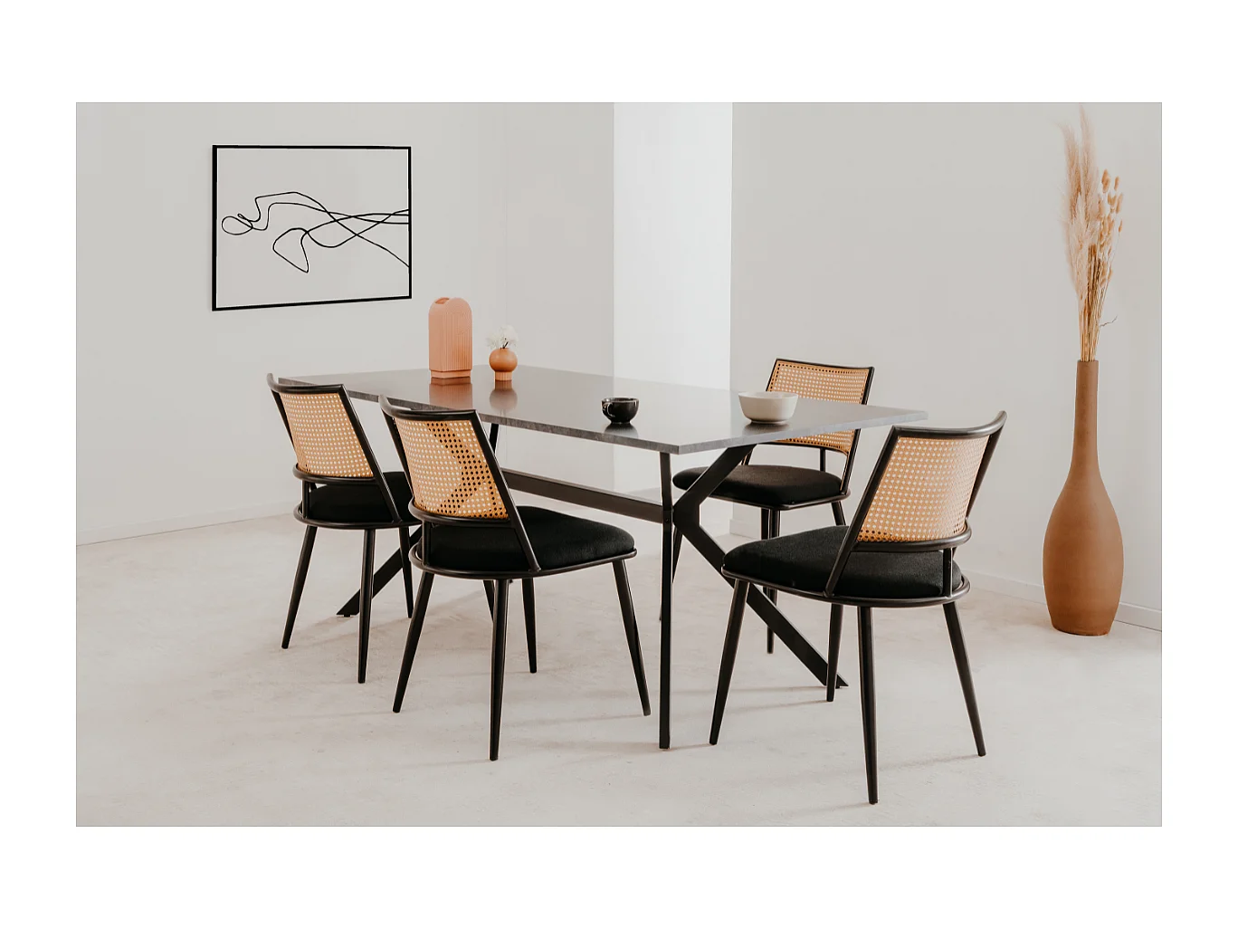Set di 4 sedie con intreccio naturale e struttura in metallo nero L47 cm - SCHILLER