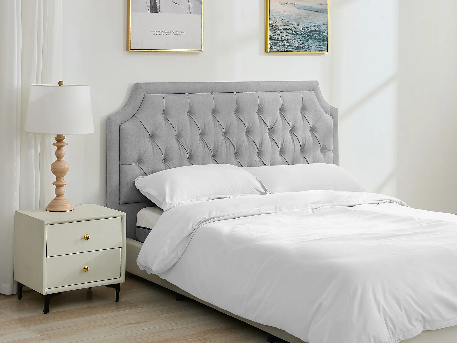 Tête de lit capitonnée 150 cm - Tissu - Gris clair - JOHENE