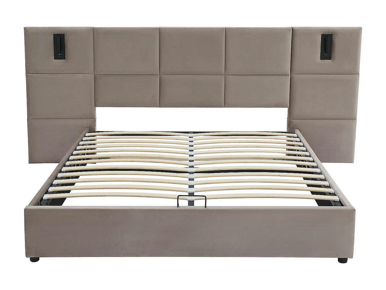 Lit coffre 160 x 200 cm avec tête de lit et lampe intégrée - Velours - Taupe - SARETO
