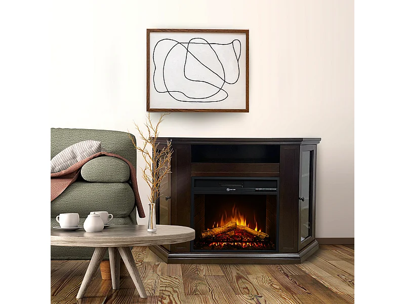 Camino elettrico caminetto da terra ad angolo in legno Noce L126 x P78 x H83