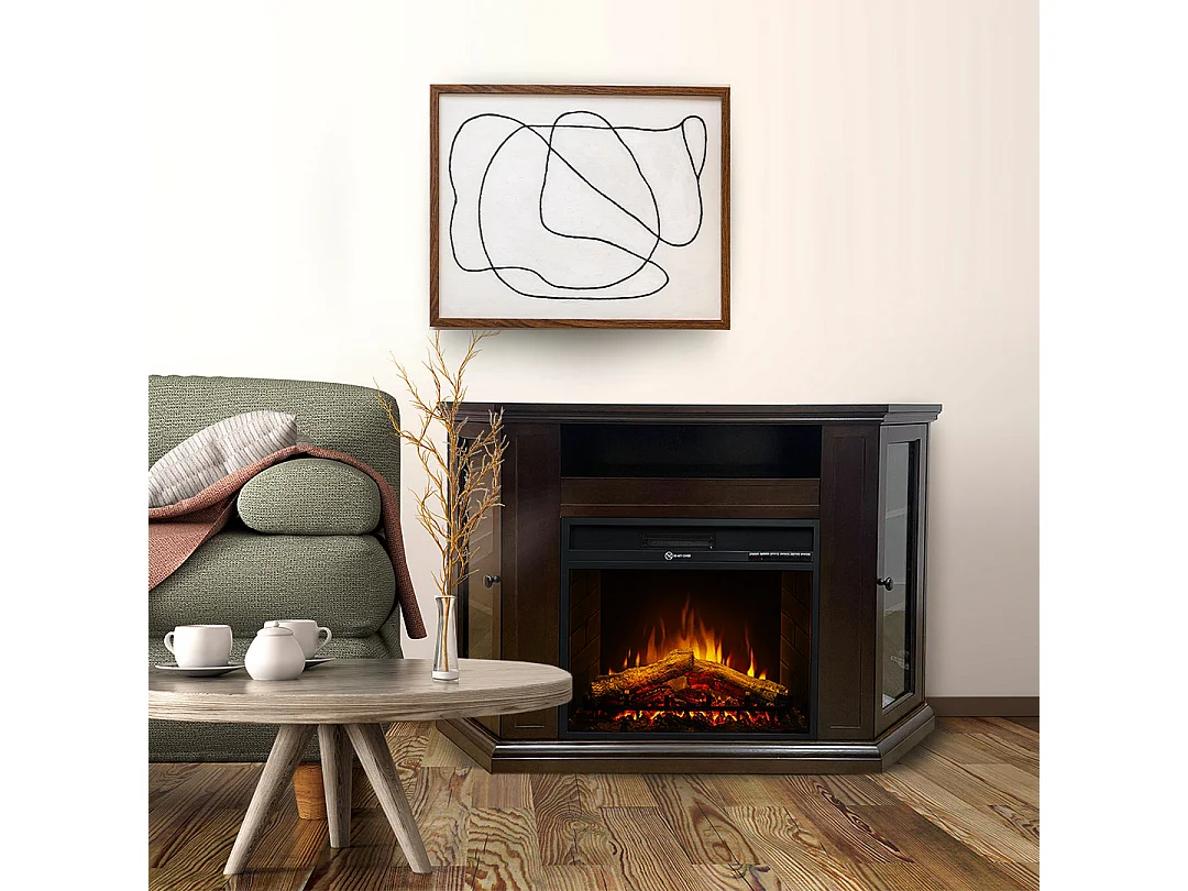 Elektrischer Kamin-Eck-Bodenkamin MADISON aus Walnussholz L126 x T78 x H83