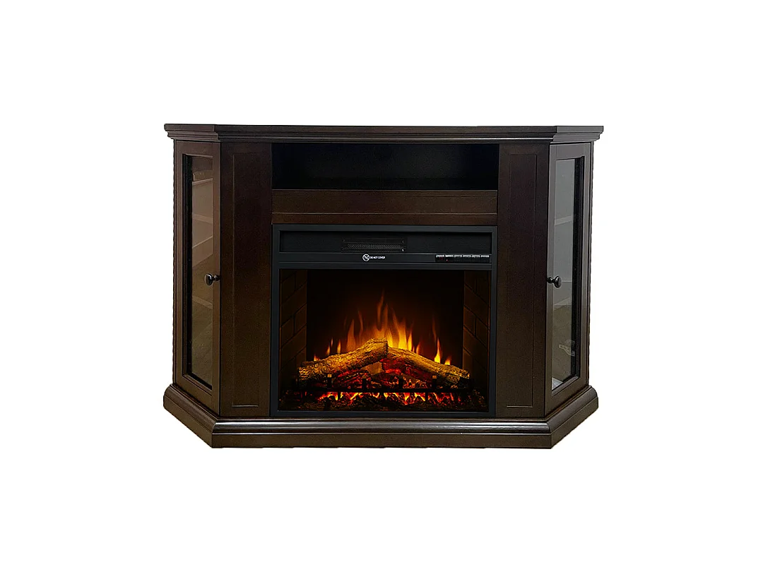 Cheminée électrique cheminée d'angle au sol MADISON en bois de noyer L126 x P78 x H83